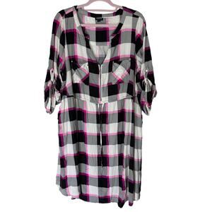 Torrid Hot Pink Black Plaid 3/4 Sleeves Quarter Zip Mini Shirt Dress Plus Size 2